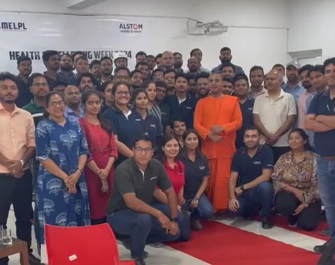 Aravindaksha Madhava Das with Alstom employees after the Gita for Corporate Wellness session during Health & Wellbeing Week